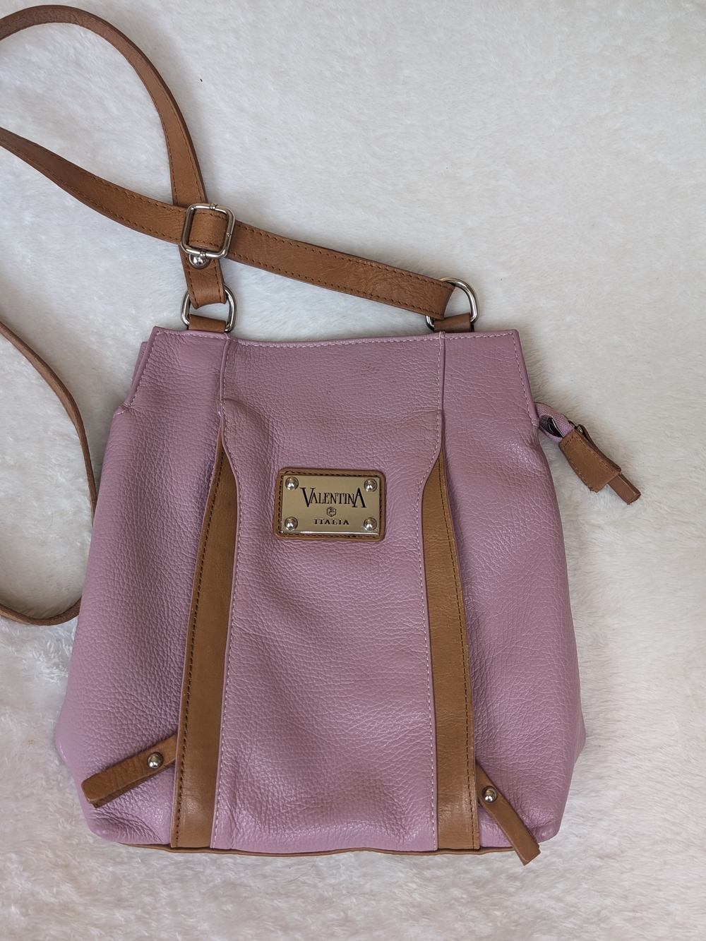 Valentina Pink Leather Crossbody Bag with Tan Trim